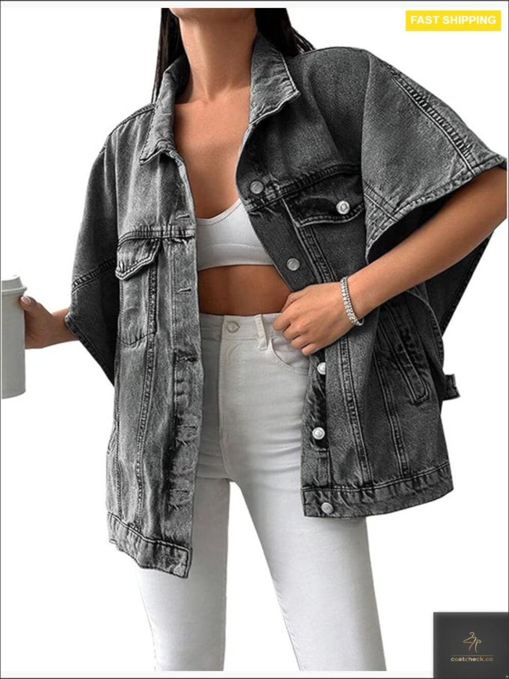 Plus Size Denim Jacket Cape Sleeve Loose Cloak Poncho Wash Denim Coat